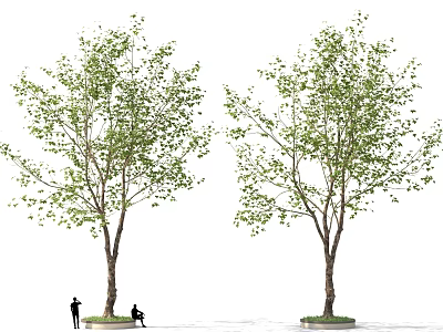 Two Green Leafy Trees With People Standing And Sitting Underneath 3d model
