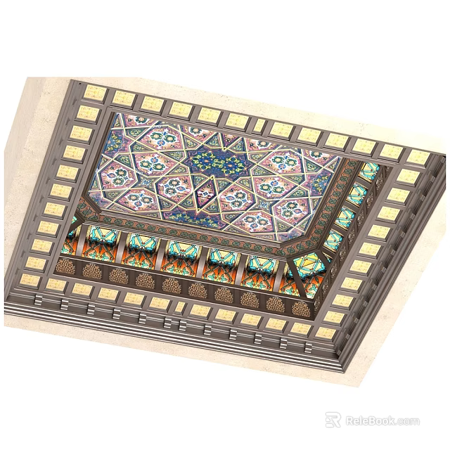 Intricate Colorful Geometric Mosaic Decorative Ceiling With Symmetrical Patterns And Border Design 3d model 
