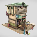 Cartoon Scene Quaint Building with Green Roof Clock Awning Street Lamp Bicycle Outdoor Table Chairs