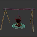 Wooden Tripod Structure With Hanging Cauldron Over Stone Fire Pit