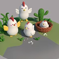 Cute Cartoon Chickens Family With One In Nest Surrounded By Green Plants And Cactus
