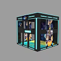 Cube Shaped Display Booth With Blue LED Lights And Transparent Glass Interior Exhibits 3d model
