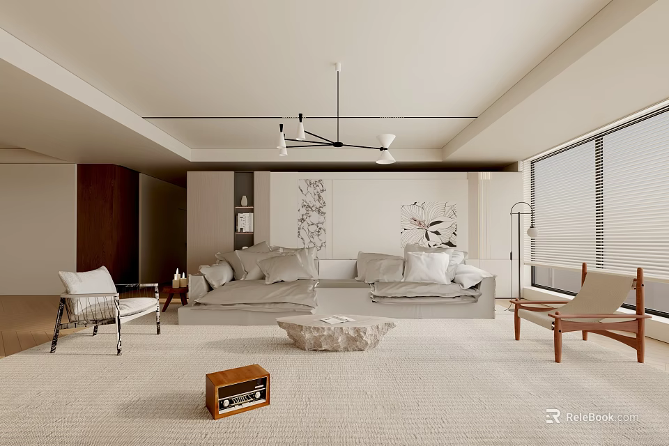 Modern Living Room Interior Design With Neutral Sofa Wooden Armchairs Rug And Decorative Paintings 3d model 