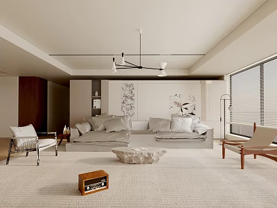 Modern Living Room Interior Design With Neutral Sofa Wooden Armchairs Rug And Decorative Paintings 3d model