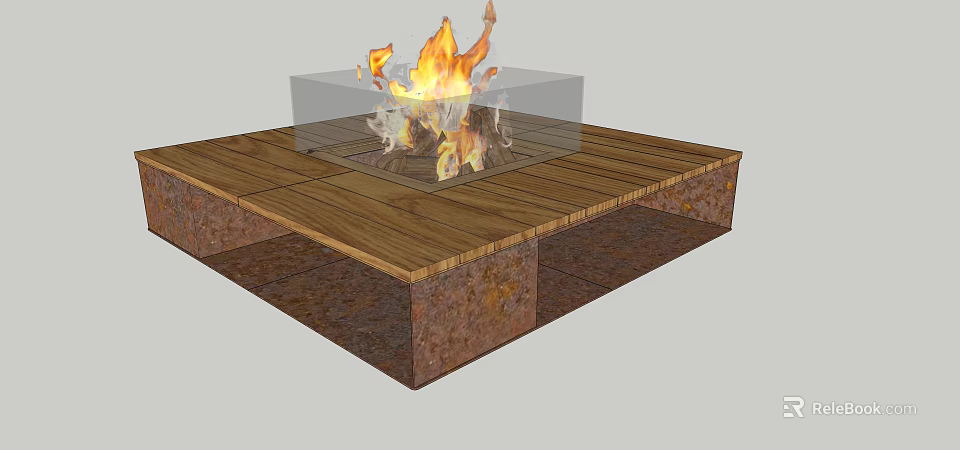 Stylish Fireplace Design With Wooden Top Glass Screen And Burning Flames 3d model 