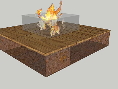 Stylish Fireplace Design With Wooden Top Glass Screen And Burning Flames 3d model