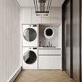 White Home Balcony With Stacked Two Washing Machines Small Countertop With Faucet White Cabinets Blinds