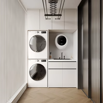 White Home Balcony With Stacked Two Washing Machines Small Countertop With Faucet White Cabinets Blinds 3d model