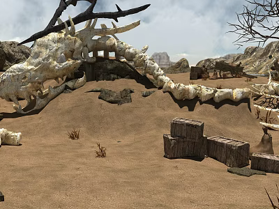 Cartoon Desert Scene With Giant Dragon Skeleton Dead Trees And Wooden Pillars 3d model