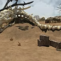 Cartoon Desert Scene With Giant Dragon Skeleton Dead Trees And Wooden Pillars