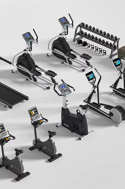 Variety Of Modern Sports Equipment Including Treadmills Elliptical Machines Exercise Bikes And Dumbbell Racks 3d model