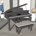 Stylish Black Grand Piano With Open Lid In Modern Interior Design With Bench And Sculpture