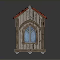 Wooden Structure With Red Roof Arched Blue Glass Window And Wheels