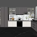 Modern Kitchen Interior With Gray And White Cabinets Marble Countertops And Glass Door Storage