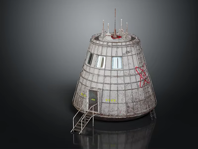 Future Architecture Conical Structure With Metal Surface Windows Ladder Red Graffiti And Top Antennas 3d model