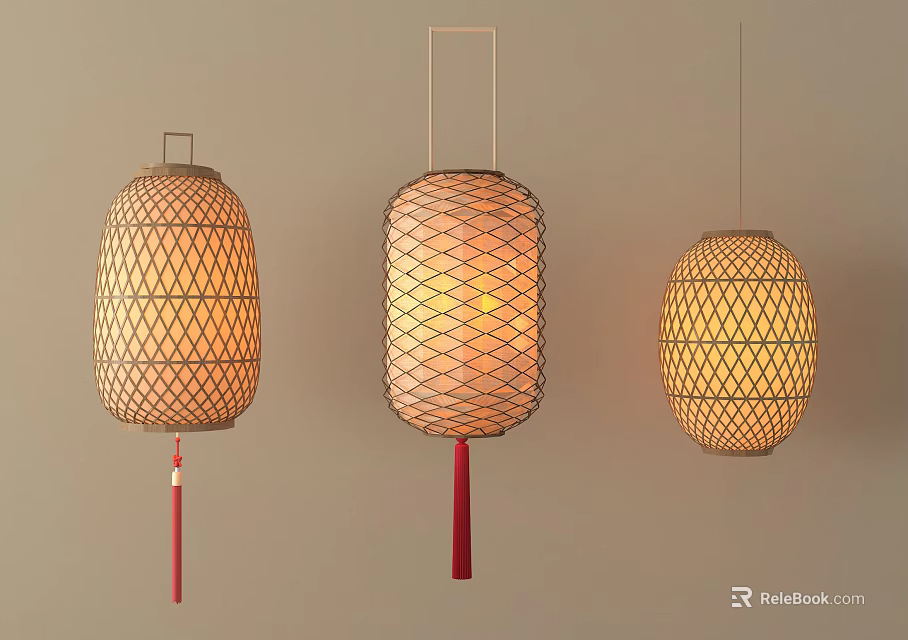 Three Different Design Hanging Lanterns With Woven Frames Red Tassels And Warm Light 3d model 