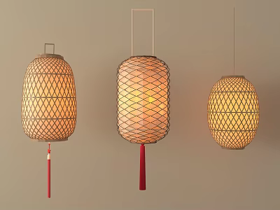 Three Different Design Hanging Lanterns With Woven Frames Red Tassels And Warm Light 3d model