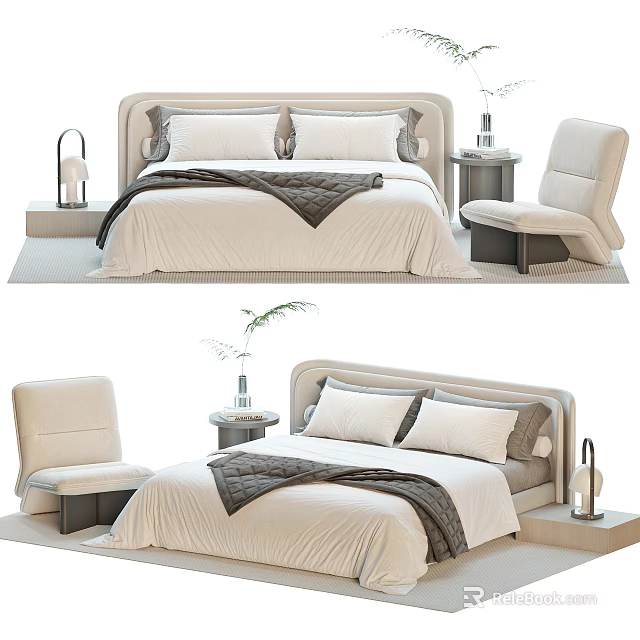 Modern Double Bed With Upholstered Headboard Pillows Throw Blanket And Nightstand 3d model