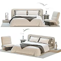 Modern Double Bed With Upholstered Headboard Pillows Throw Blanket And Nightstand 3d model
