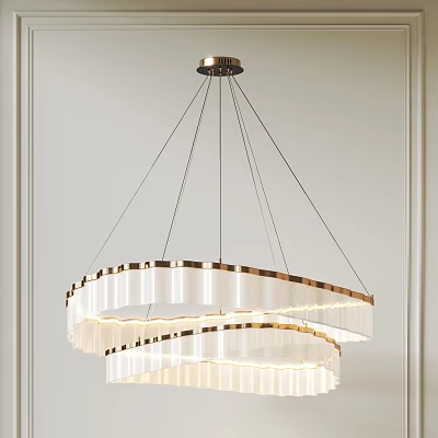 Modern Minimalist Layered Chandelier With White Shade And Gold Frame Hanging From Ceiling Interior Design 3d model