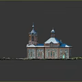 Ancient Church With Two Domes Red Brick Walls Blue Roof Green Grass And Stone Fence