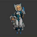 Game Character With Cat Ears Blue White Outfit Mechanical Legs And Energy Tool