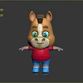 Cute Brown Cartoon Horse with Blue Eyes Red Shirt Blue Shorts Standing on Dark Background