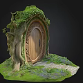 Cartoon Scene Of Enchanted Wooden Tree House Door With Vines Stone Pathway And Lush Greenery
