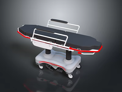 Mobile Medical Stretcher with Black Mattress White Frame Red Edges and Wheeled Hospital Transport Base 3d model