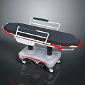 Mobile Medical Stretcher with Black Mattress White Frame Red Edges and Wheeled Hospital Transport Base