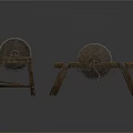 Two Old Fashioned Industrial Stone Grinders With Wooden Support Frames