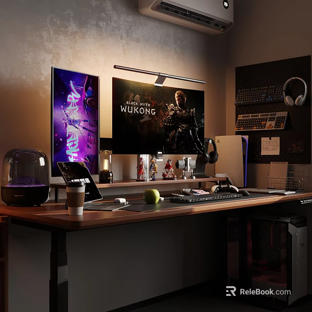 Modern Entertainment Room Interior With Dual Monitors Gaming Accessories Keyboard Headphones And Decor Items 3d model 