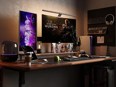 Modern Entertainment Room Interior With Dual Monitors Gaming Accessories Keyboard Headphones And Decor Items 3d model