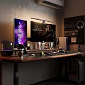 Modern Entertainment Room Interior With Dual Monitors Gaming Accessories Keyboard Headphones And Decor Items