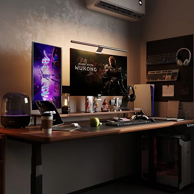 Modern Entertainment Room Interior With Dual Monitors Gaming Accessories Keyboard Headphones And Decor Items 3d model