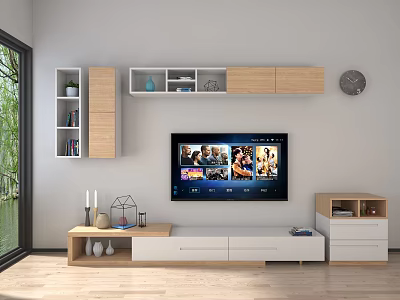 Modern White and Wooden TV Stand with Wall Mounted TV Storage Shelves and Decorative Items 3d model