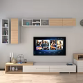 Modern White and Wooden TV Stand with Wall Mounted TV Storage Shelves and Decorative Items