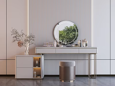 Stylish Dressing Table with Round Mirror Cosmetics Vertical Striped Wall and Stool 3d model