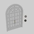 Dark Colored Swing Doors With Arched Top Glass Panes And Metal Handles