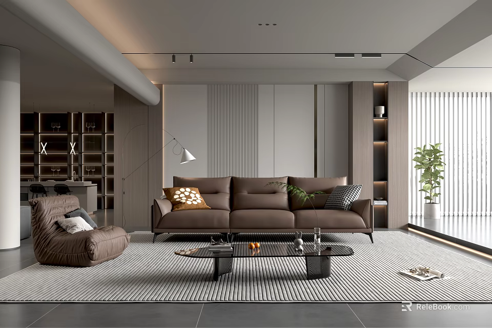 Modern Living Room Interior With Brown Sofa Armchair Coffee Table And Wooden Wall Design 3d model 