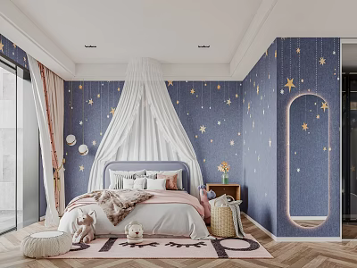 Whimsical Kids Room Interior With Blue Starry Walls White Canopy Bed And Decorative Rug 3d model