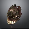 Vintage Copper Diving Helmet With Round Glass Windows And Attached Air Tank