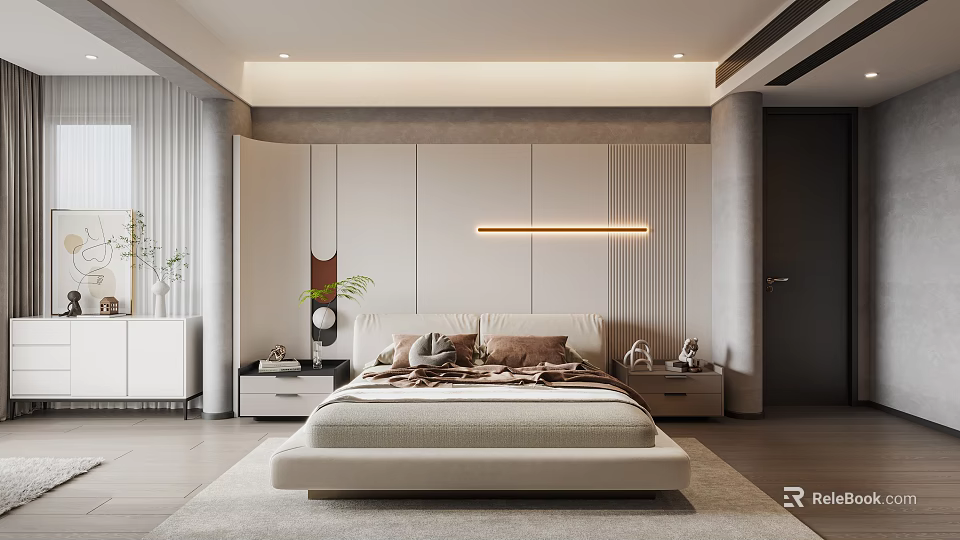 Modern Bedroom Interior With Minimalist Striped Bedhead Wall Nightstands And Rug 3d model 