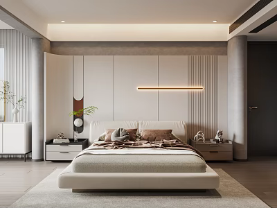 Modern Bedroom Interior With Minimalist Striped Bedhead Wall Nightstands And Rug 3d model