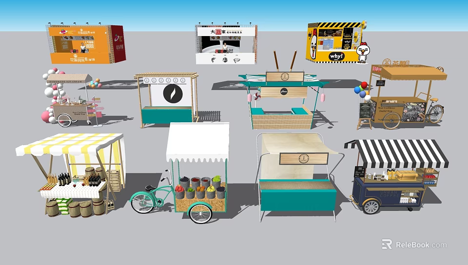 Colorful Mobile Food Carts With Various Designs And Street Vending Features 3d model 