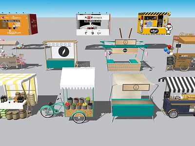 Colorful Mobile Food Carts With Various Designs And Street Vending Features 3d model