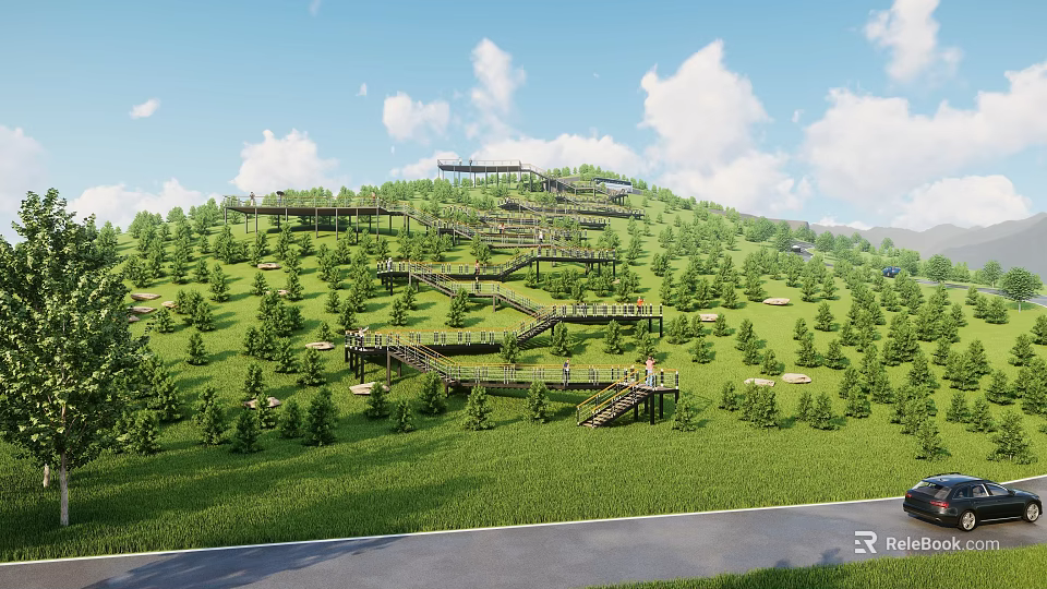 Scenic Boardwalk on Green Hillside With Lush Trees Blue Sky and Winding Path 3d model 
