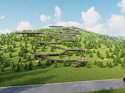 Scenic Boardwalk on Green Hillside With Lush Trees Blue Sky and Winding Path 3d model