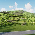 Scenic Boardwalk on Green Hillside With Lush Trees Blue Sky and Winding Path