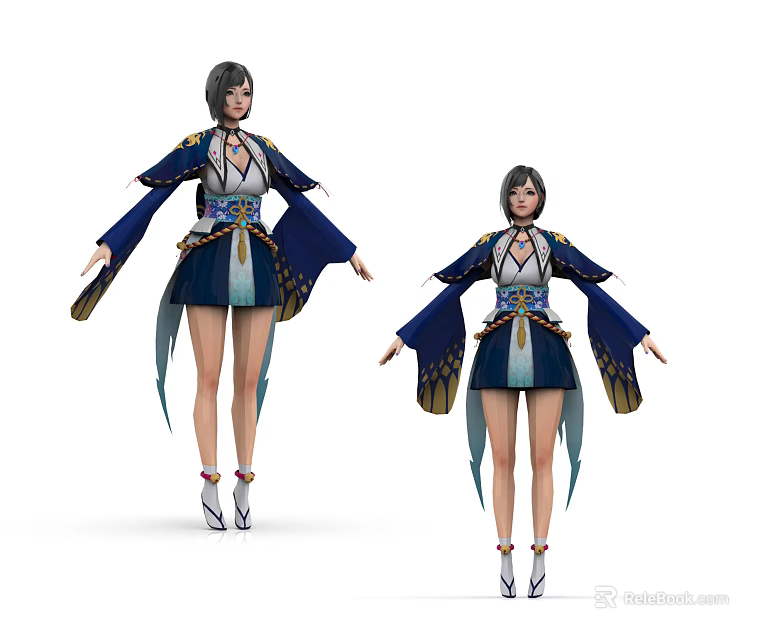 Game and Movie Character in Traditional Blue Outfit with Ornate Details and Short Hair 3d model 